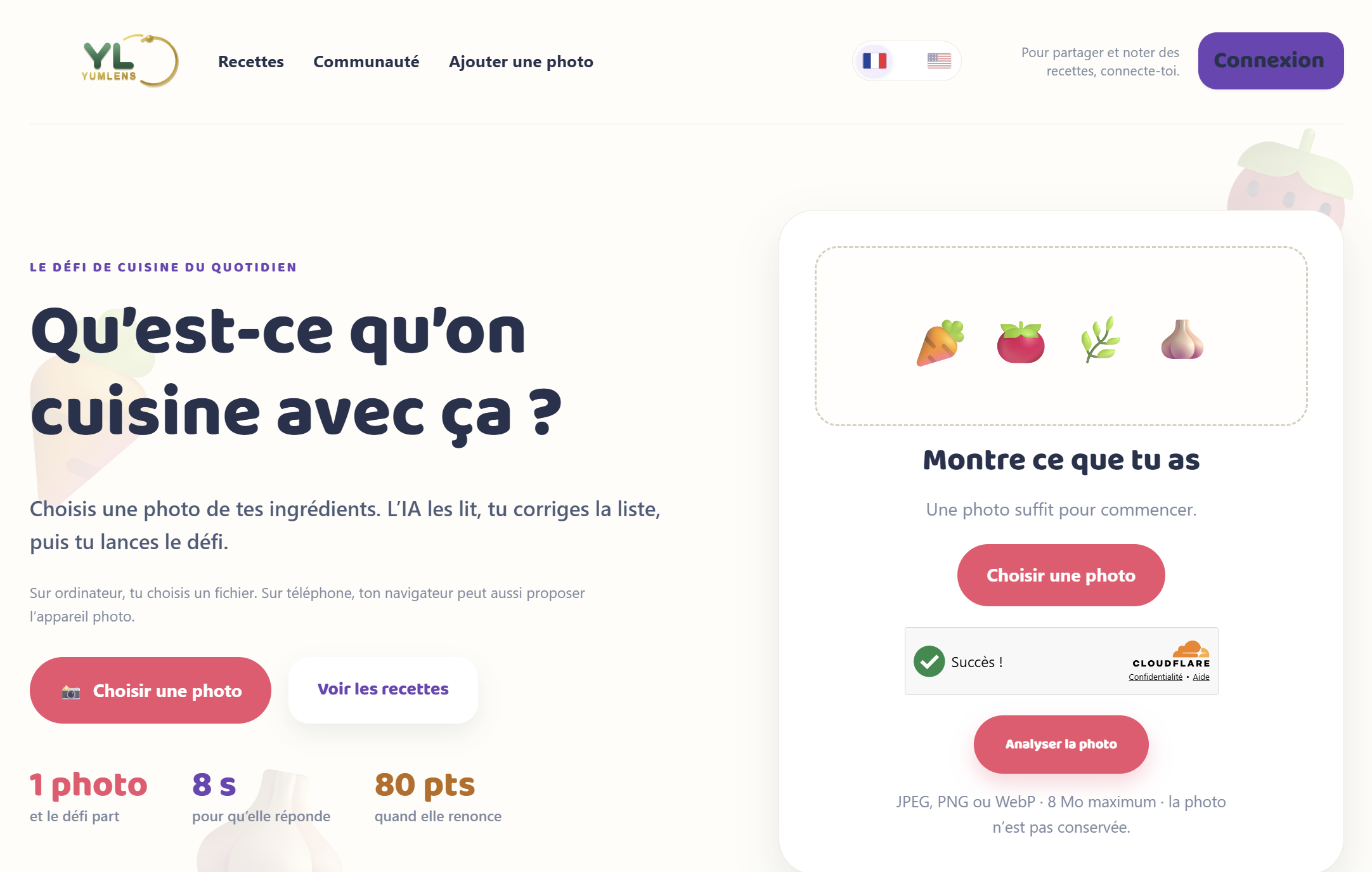 Aperçu de YumLens — défi de cuisine par photo d’ingrédients (IA)